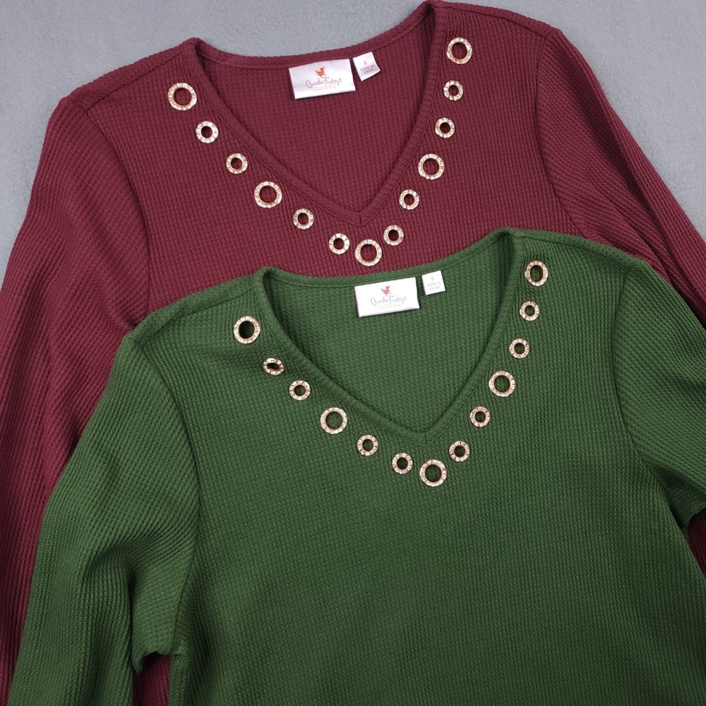Quacker Factory Womens Lot Of 2 Waffle Knit Tunic Top Red Green Rhinestone Small